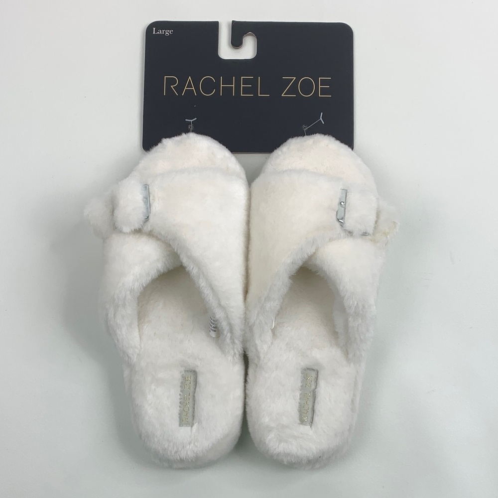 Rachel Zoe Plush White Slippers Slip on Open Toe Size Large 8-9 NEW NWT